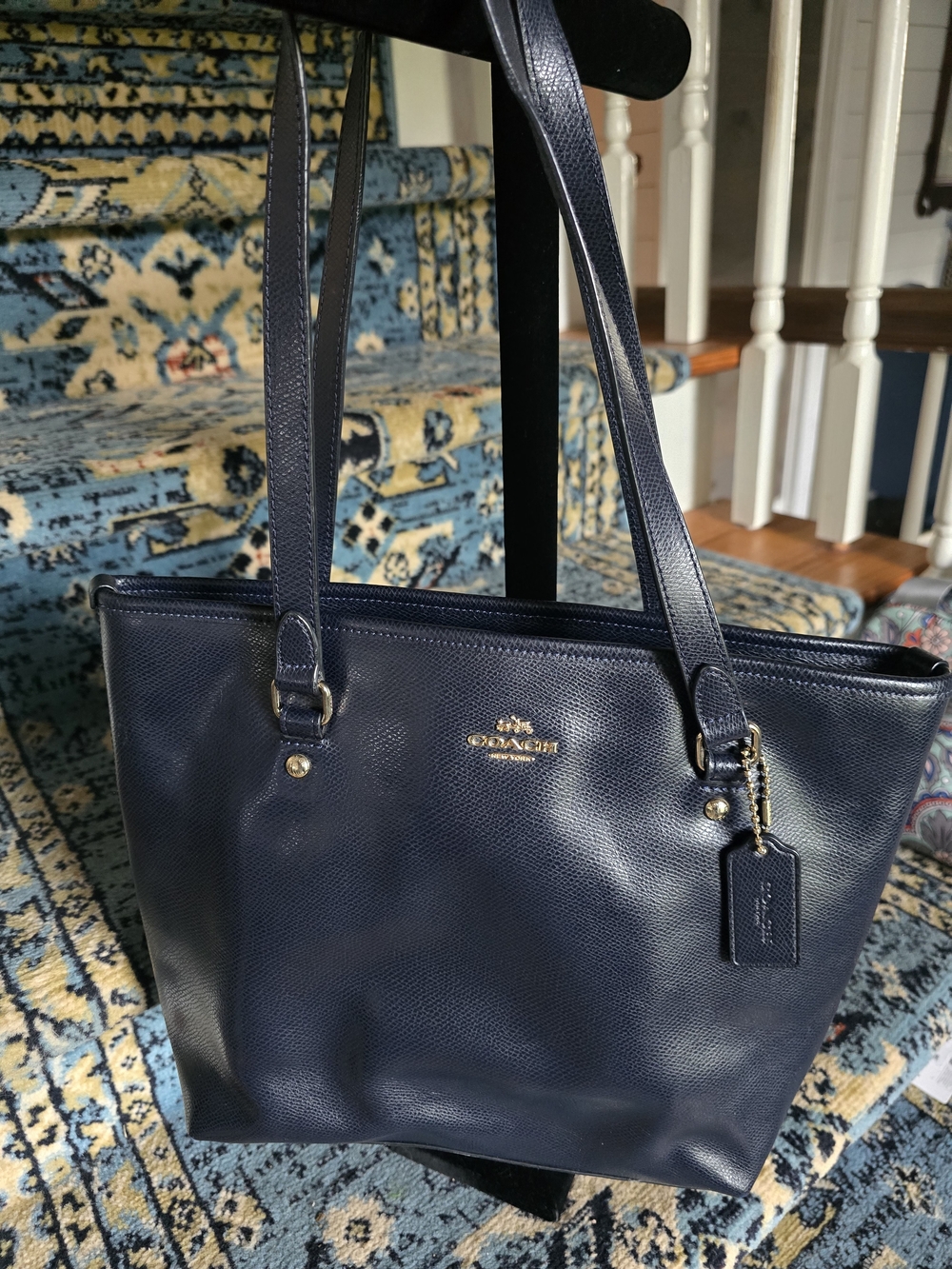 Coach Navy Leather Tote Bag with Gold Hardware